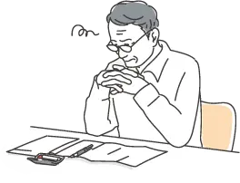 書類を前に考え込んでいる人のイラスト